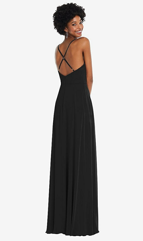 Back View - Black Faux Wrap Criss Cross Back Maxi Dress with Adjustable Straps