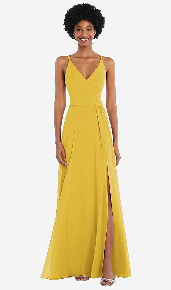 Front View - Marigold Faux Wrap Criss Cross Back Maxi Dress with Adjustable Straps