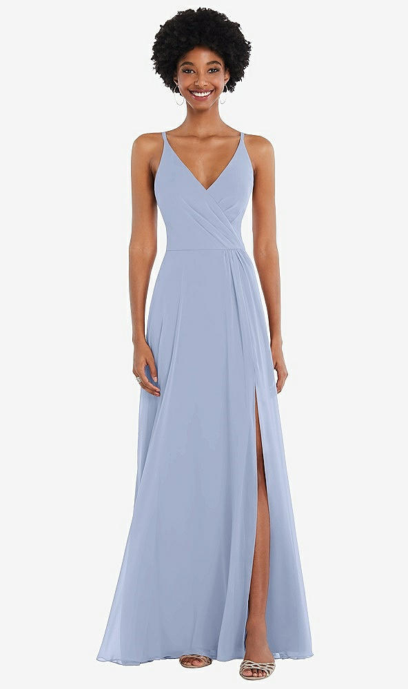 Front View - Sky Blue Faux Wrap Criss Cross Back Maxi Dress with Adjustable Straps