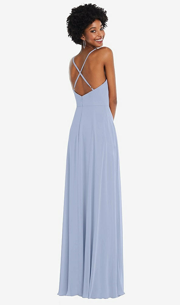 Back View - Sky Blue Faux Wrap Criss Cross Back Maxi Dress with Adjustable Straps