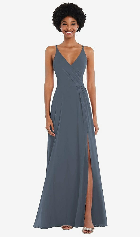 Front View - Silverstone Faux Wrap Criss Cross Back Maxi Dress with Adjustable Straps
