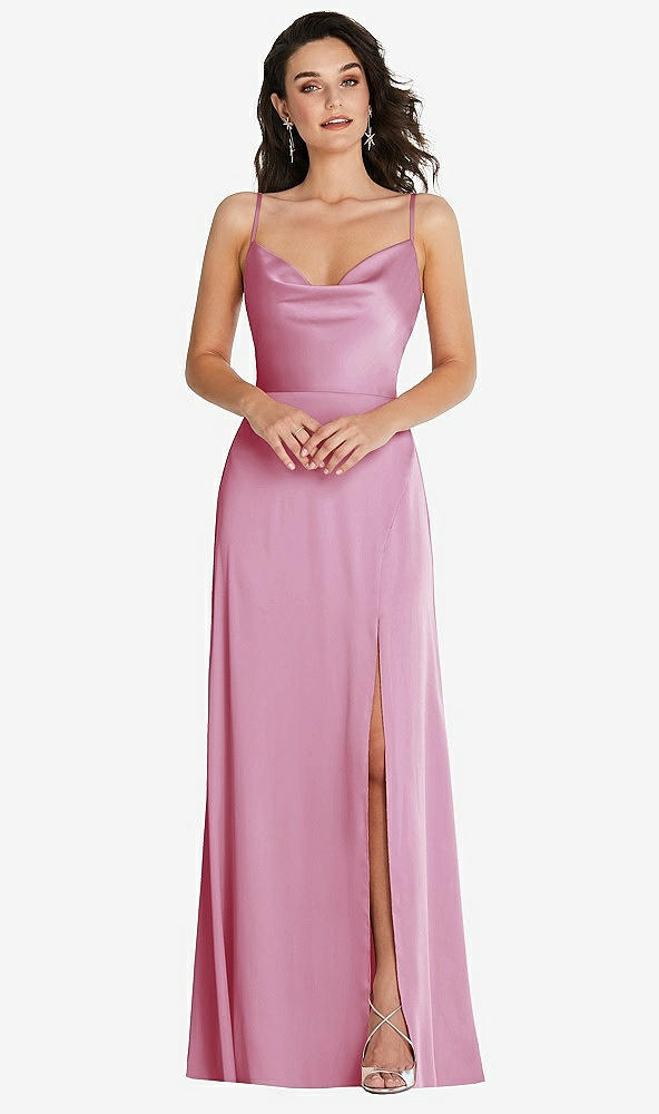 Front View - Powder Pink Cowl-Neck A-Line Maxi Dress with Adjustable Straps