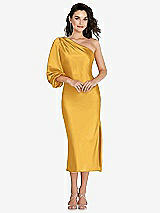 Front View Thumbnail - NYC Yellow One-Shoulder Puff Sleeve Midi Bias Dress with Side Slit