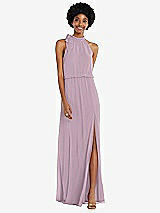 Front View Thumbnail - Suede Rose Scarf Tie High Neck Blouson Bodice Maxi Dress with Front Slit