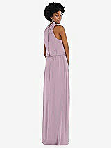 Rear View Thumbnail - Suede Rose Scarf Tie High Neck Blouson Bodice Maxi Dress with Front Slit