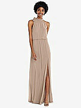 Front View Thumbnail - Topaz Scarf Tie High Neck Blouson Bodice Maxi Dress with Front Slit