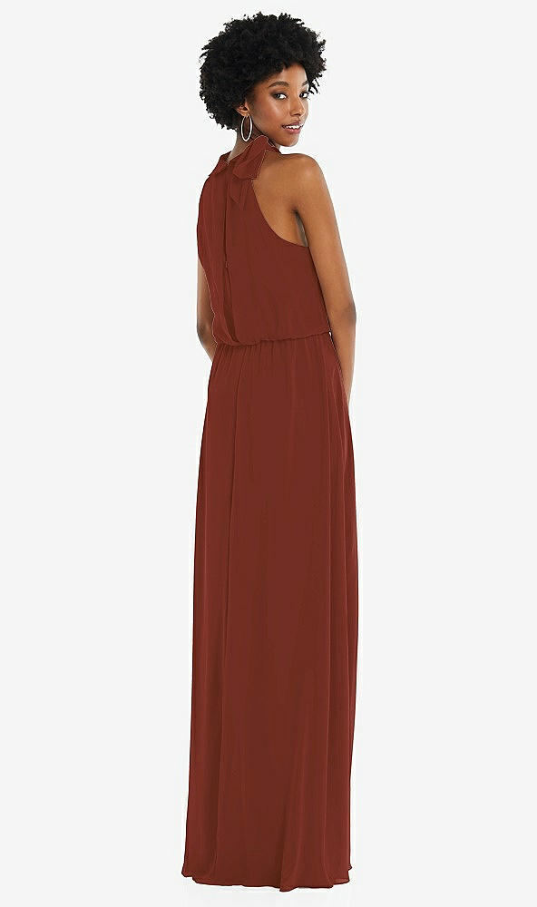 Back View - Auburn Moon Scarf Tie High Neck Blouson Bodice Maxi Dress with Front Slit