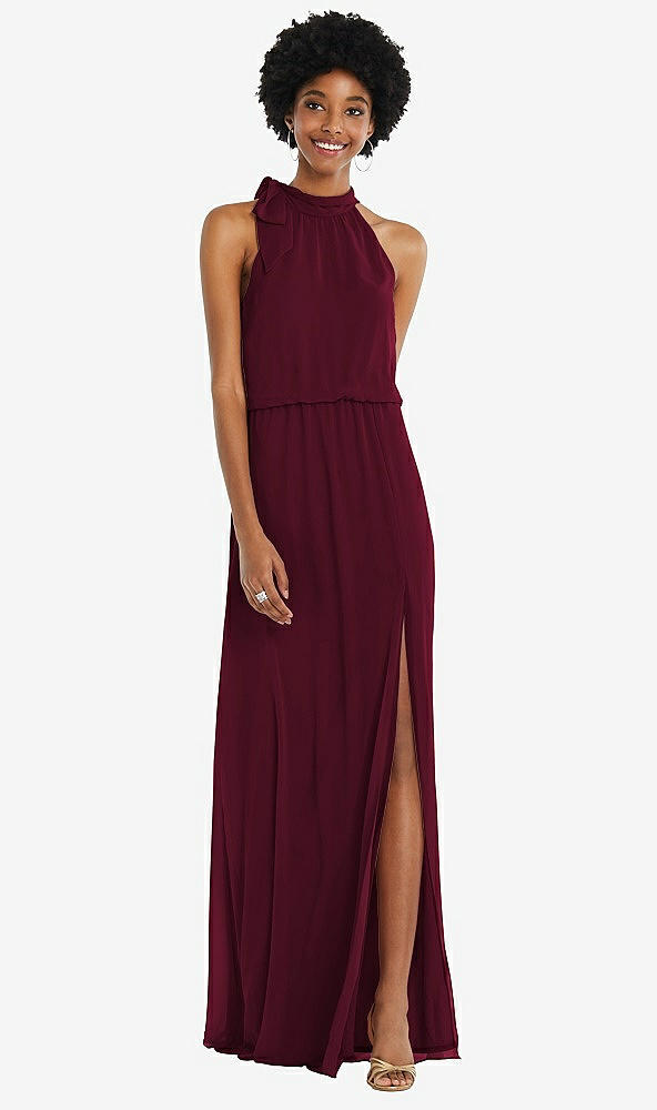 Front View - Cabernet Scarf Tie High Neck Blouson Bodice Maxi Dress with Front Slit