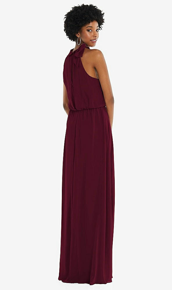 Back View - Cabernet Scarf Tie High Neck Blouson Bodice Maxi Dress with Front Slit
