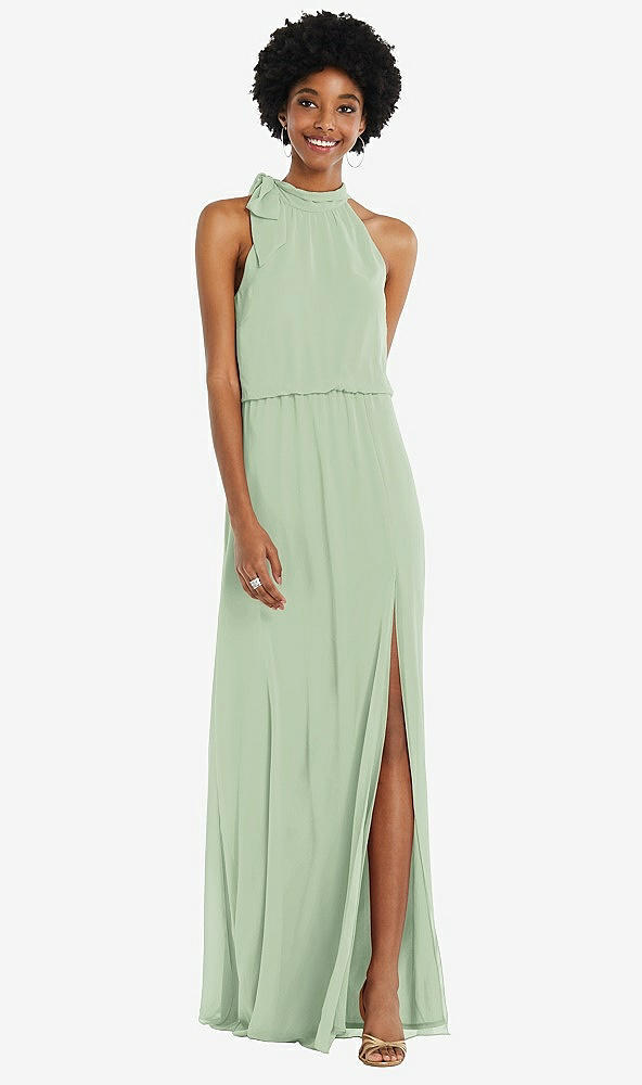 Front View - Celadon Scarf Tie High Neck Blouson Bodice Maxi Dress with Front Slit