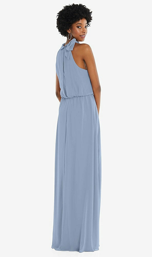 Back View - Cloudy Scarf Tie High Neck Blouson Bodice Maxi Dress with Front Slit