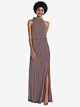 Front View Thumbnail - French Truffle Scarf Tie High Neck Blouson Bodice Maxi Dress with Front Slit