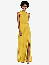 Front View Thumbnail - Marigold Scarf Tie High Neck Blouson Bodice Maxi Dress with Front Slit