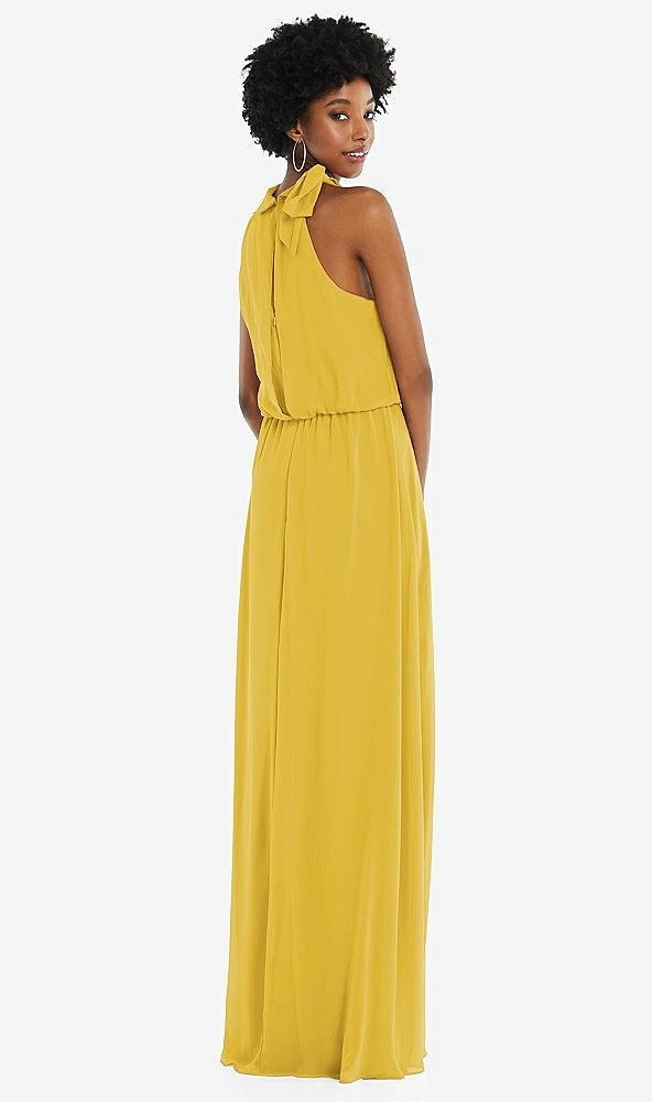 Back View - Marigold Scarf Tie High Neck Blouson Bodice Maxi Dress with Front Slit
