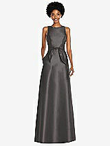 Front View Thumbnail - Caviar Gray Jewel-Neck V-Back Maxi Dress with Mini Sash