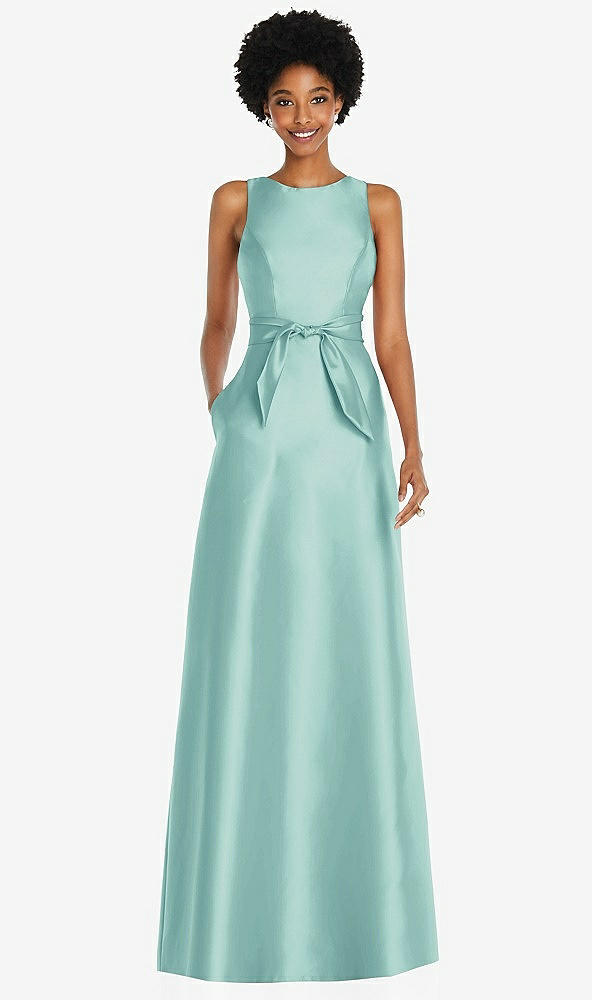 Front View - Coastal Jewel-Neck V-Back Maxi Dress with Mini Sash
