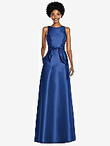 Front View Thumbnail - Classic Blue Jewel-Neck V-Back Maxi Dress with Mini Sash