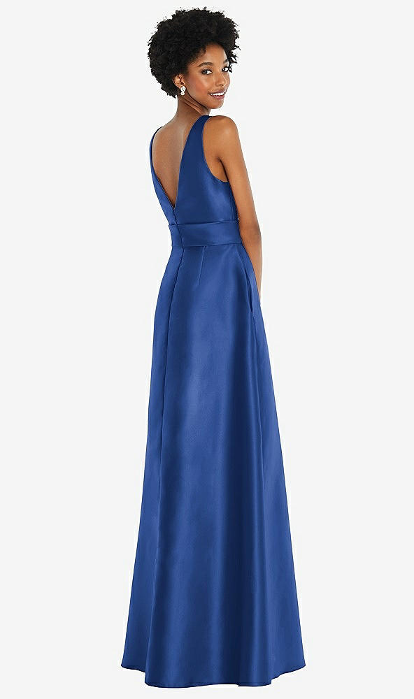 Back View - Classic Blue Jewel-Neck V-Back Maxi Dress with Mini Sash
