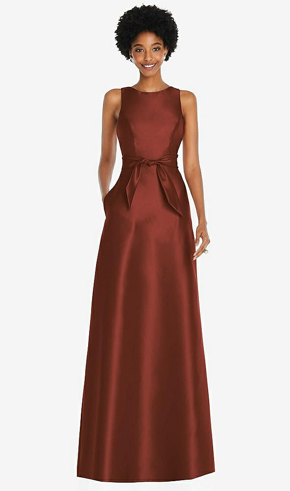 Front View - Auburn Moon Jewel-Neck V-Back Maxi Dress with Mini Sash