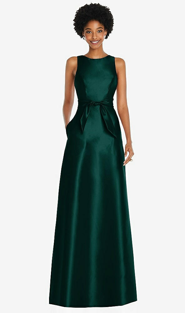 Front View - Evergreen Jewel-Neck V-Back Maxi Dress with Mini Sash