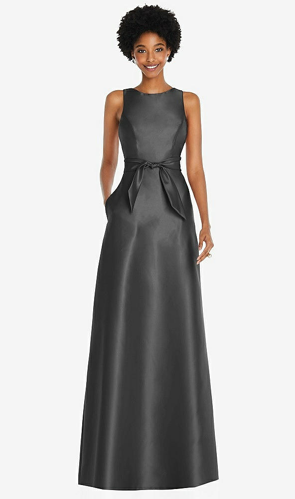 Front View - Pewter Jewel-Neck V-Back Maxi Dress with Mini Sash