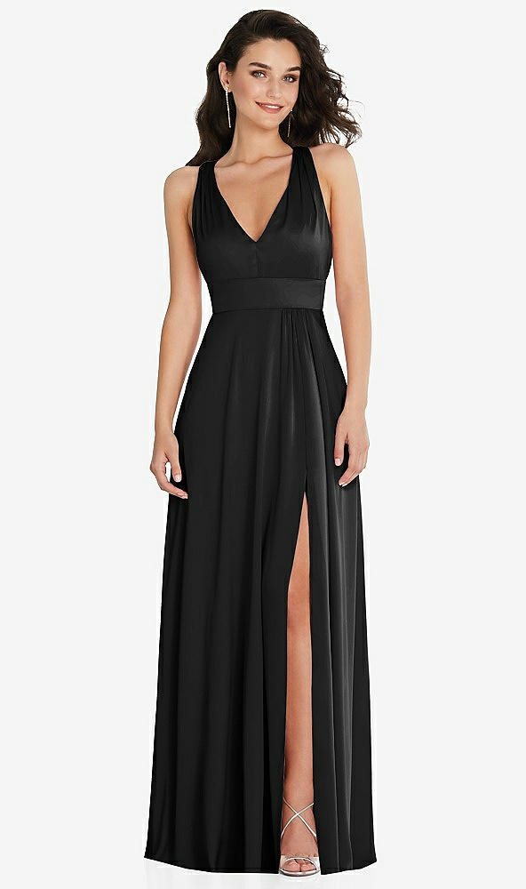 Front View - Black Shirred Shoulder Criss Cross Back Maxi Dress with Front Slit