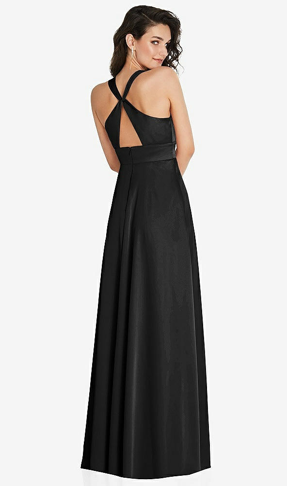 Back View - Black Shirred Shoulder Criss Cross Back Maxi Dress with Front Slit
