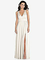 Front View Thumbnail - Ivory Shirred Shoulder Criss Cross Back Maxi Dress with Front Slit