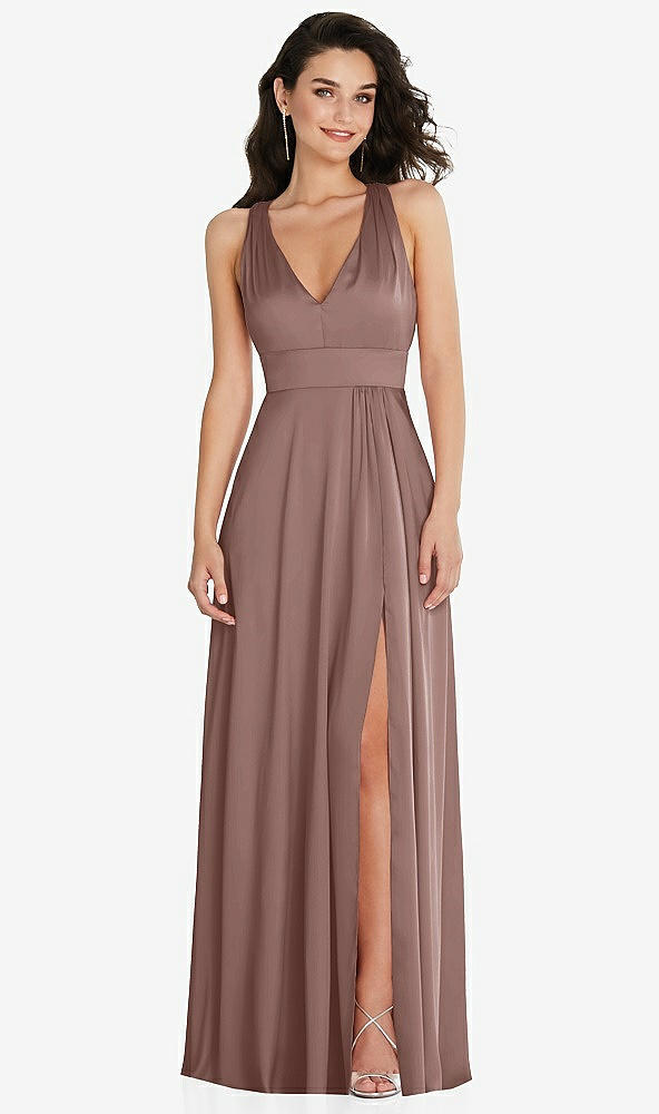 Front View - Sienna Shirred Shoulder Criss Cross Back Maxi Dress with Front Slit