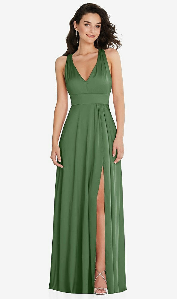 Front View - Vineyard Green Shirred Shoulder Criss Cross Back Maxi Dress with Front Slit