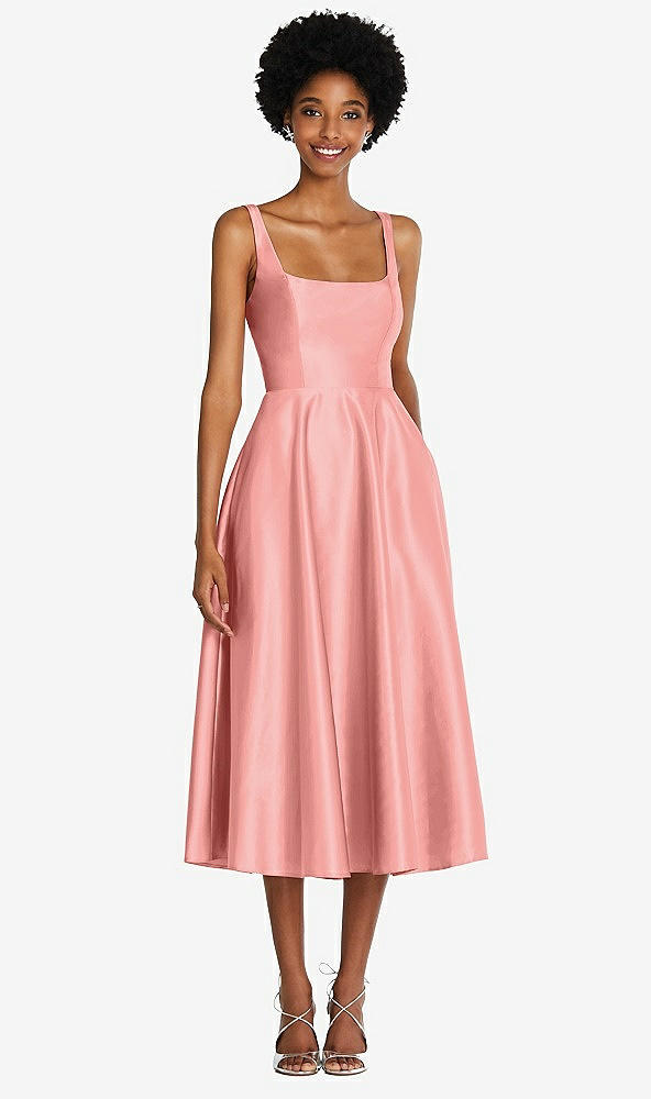 Front View - Apricot Square Neck Full Skirt Satin Midi Dress with Pockets