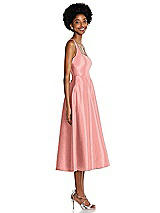 Side View Thumbnail - Apricot Square Neck Full Skirt Satin Midi Dress with Pockets
