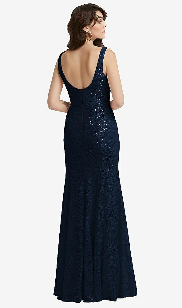Back View - Midnight Navy Scoop Back Sequin Lace Trumpet Gown
