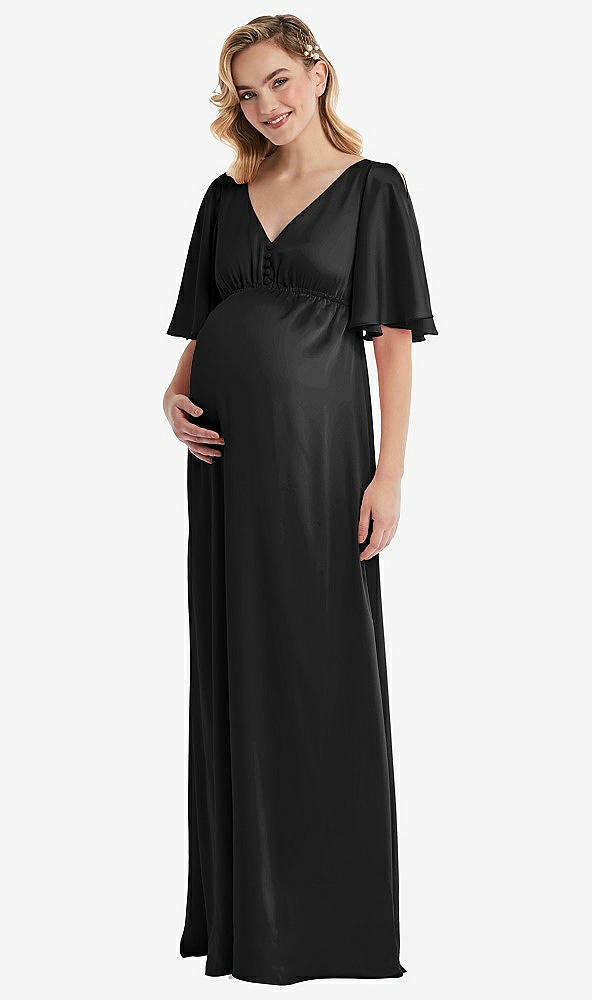 Front View - Black Flutter Bell Sleeve Empire Maternity Dress