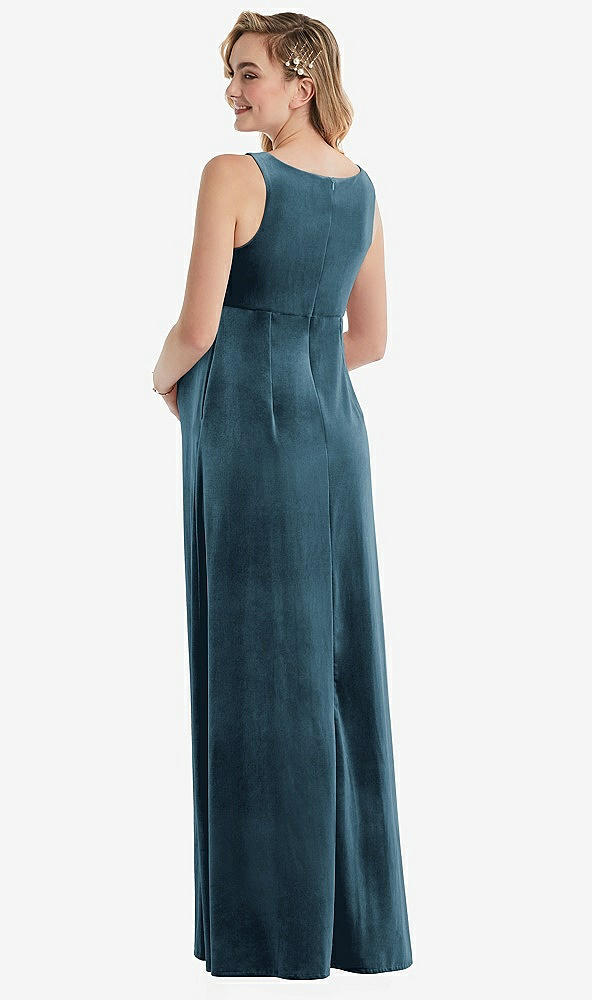 Back View - Dutch Blue V-Neck Closed-Back Velvet Maternity Dress with Pockets