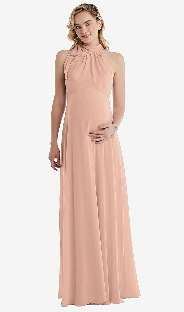 Front View - Pale Peach Scarf Tie High Neck Halter Chiffon Maternity Dress