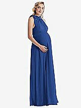 Side View Thumbnail - Classic Blue Scarf Tie High Neck Halter Chiffon Maternity Dress