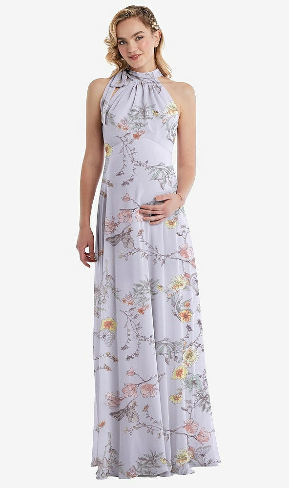 Front View - Butterfly Botanica Silver Dove Scarf Tie High Neck Halter Chiffon Maternity Dress