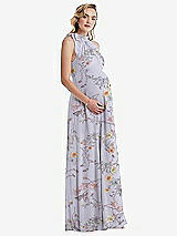 Side View Thumbnail - Butterfly Botanica Silver Dove Scarf Tie High Neck Halter Chiffon Maternity Dress