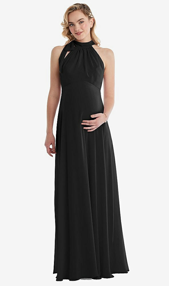Front View - Black Scarf Tie High Neck Halter Chiffon Maternity Dress