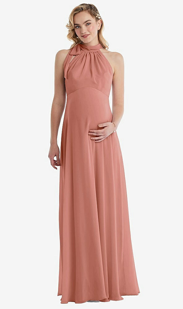 Front View - Desert Rose Scarf Tie High Neck Halter Chiffon Maternity Dress