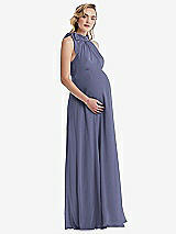 Side View Thumbnail - French Blue Scarf Tie High Neck Halter Chiffon Maternity Dress