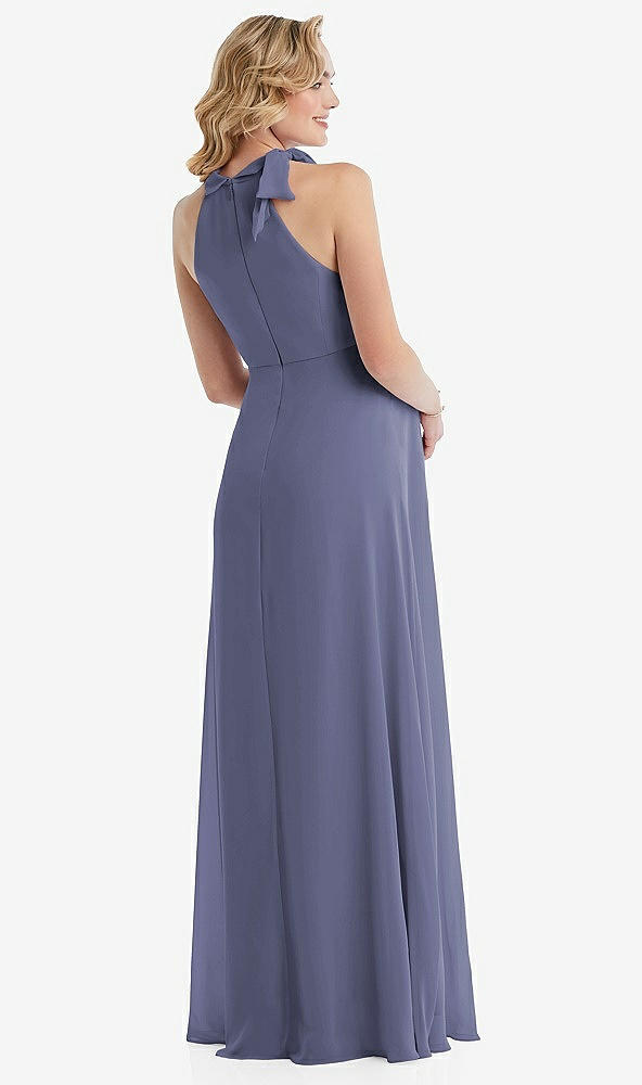 Back View - French Blue Scarf Tie High Neck Halter Chiffon Maternity Dress