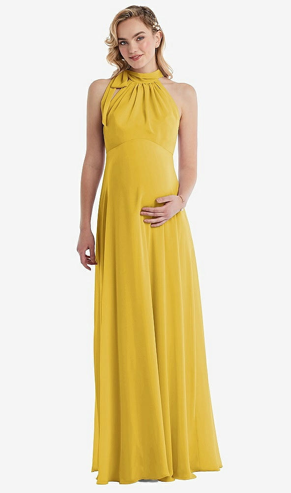 Front View - Marigold Scarf Tie High Neck Halter Chiffon Maternity Dress