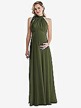 Front View Thumbnail - Olive Green Scarf Tie High Neck Halter Chiffon Maternity Dress