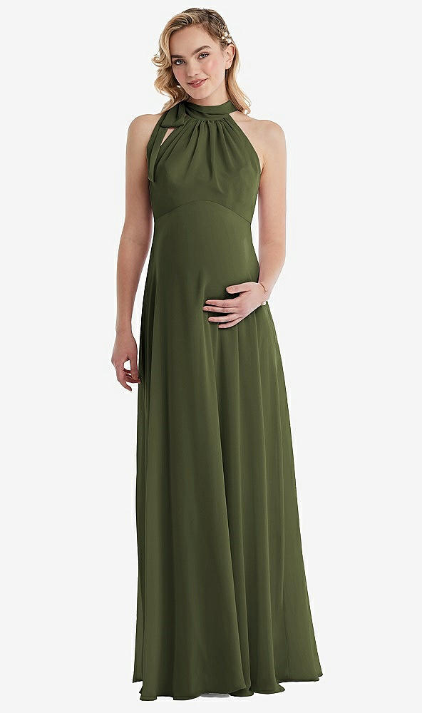 Front View - Olive Green Scarf Tie High Neck Halter Chiffon Maternity Dress