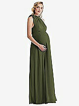 Side View Thumbnail - Olive Green Scarf Tie High Neck Halter Chiffon Maternity Dress