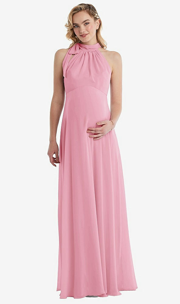 Front View - Peony Pink Scarf Tie High Neck Halter Chiffon Maternity Dress