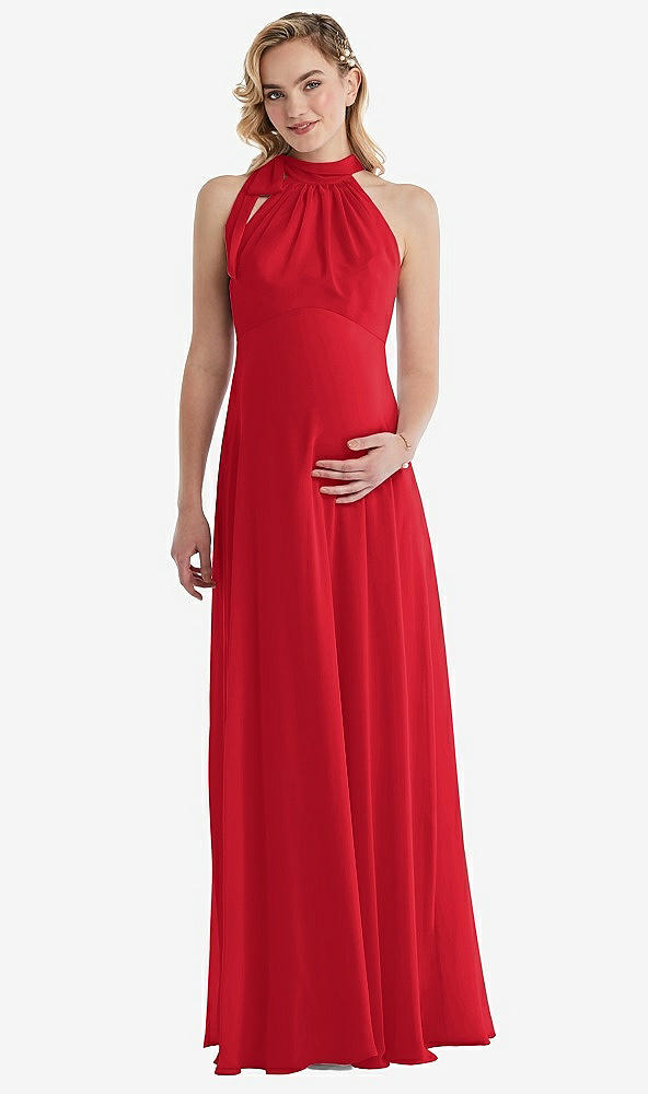 Front View - Parisian Red Scarf Tie High Neck Halter Chiffon Maternity Dress