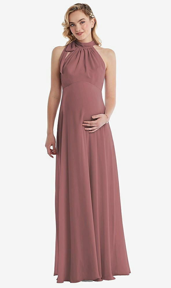 Front View - Rosewood Scarf Tie High Neck Halter Chiffon Maternity Dress